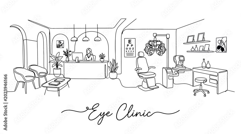 Obraz premium Minimalist Line Drawing of a Modern Eye Clinic Interior with Equipment and Furniture