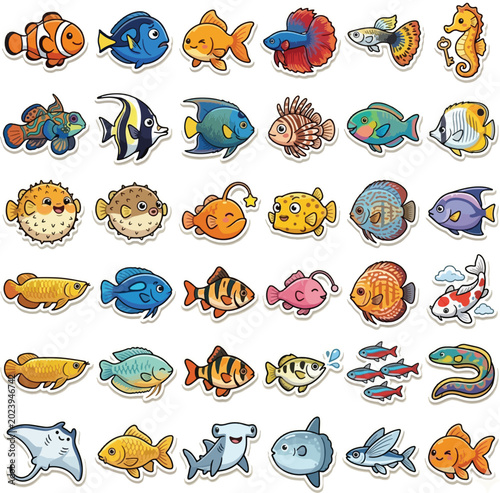 Pixel Art Collection of Various Colorful Fish and Sea Creatures