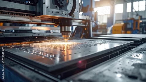 A laser cutter precisely carves metal. Bright light emanates from the cutting head. Industrial setting