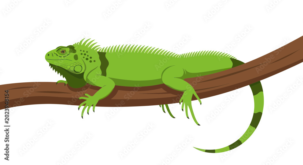Fototapeta premium Vibrant Green Iguana Resting on Tree Branch, Reptile Wildlife Illustration
