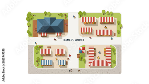 Top View Farmer's Market Flat Vector Illustration with Stalls and People