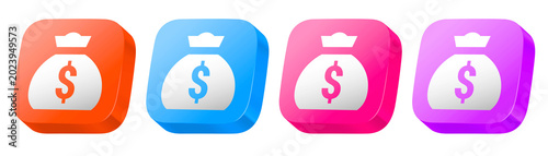 Fotografía Four color variants (purple, pink, blue, and orange) of a money bag, forming a colorful 3D glossy icon set for global money transfers