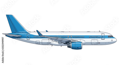 Tableau sur toile Modern Passenger Airplane, Side View, White and Blue Livery, Isolated on White