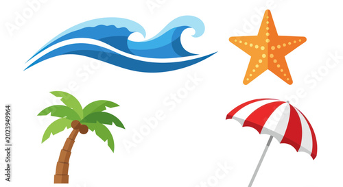 Obraz na płótnie Summer Beach Icons: Wave, Starfish, Palm Tree, Umbrella