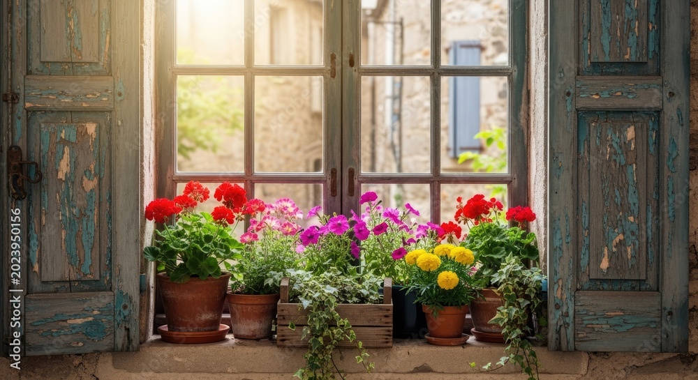 Fototapeta premium Rustic Window Sill Decorated with Vibrant Potted Flowers in Sunlight