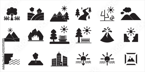 landscape icon set bundle. forest, sun, nature, mountain, hill, park, field, river and more. simple flat solid vector