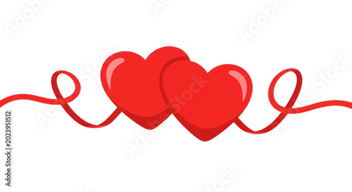 Foto Two Red Hearts Connected by Ribbon, Symbol of Love and Romance