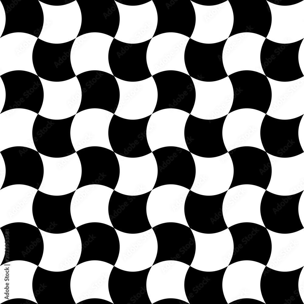 Fototapeta premium Bezszwowy wzór geometryczny z falującą szachownicą – czarno-biały, styl op-art retro