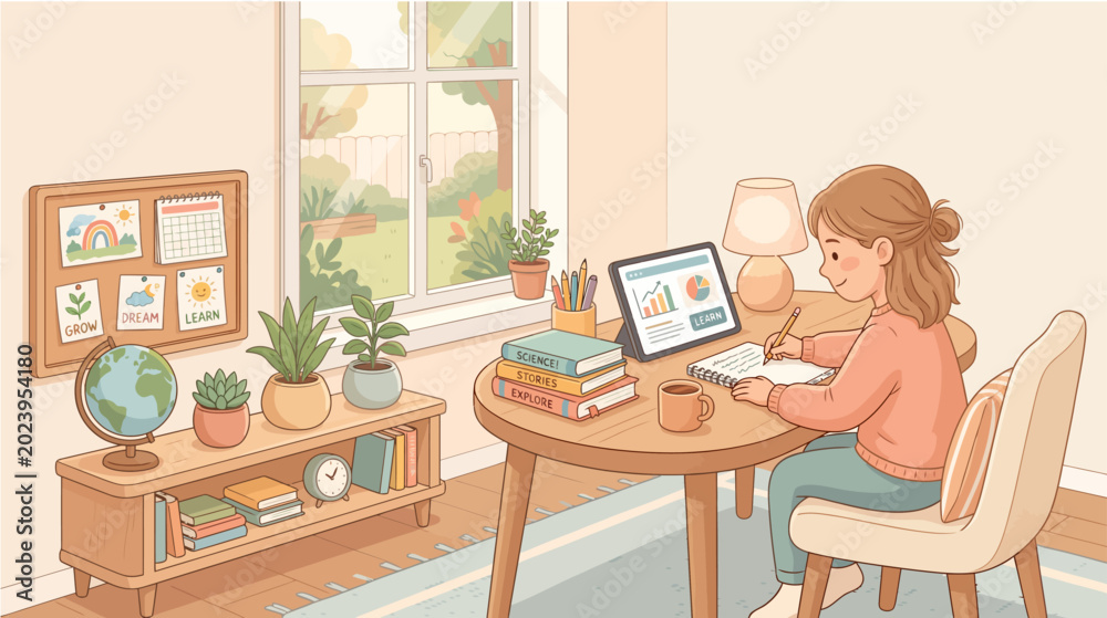 Fototapeta premium Woman studying or working from home with laptop and books in a cozy room with plants and a window