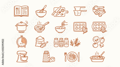 Foto Set of hand drawn kitchen cooking icons featuring culinary tools food ingredient