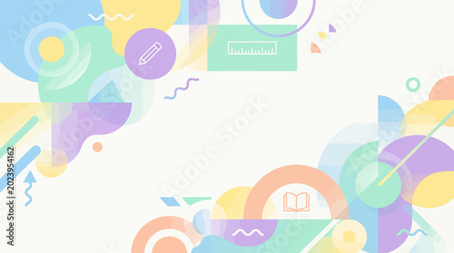 Foto Pastel geometric education background with school supplies icons and abstract sh