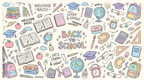 Obraz na płótnie Back to school hand drawn doodle set with educational supplies icons like books