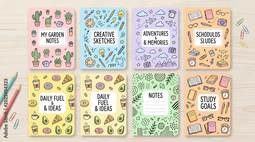 Naklejka premium Set of eight colorful pastel notebooks with hand drawn doodle patterns for creative planning and daily organization on a soft wooden background featuring cute illustrations and motivational goal