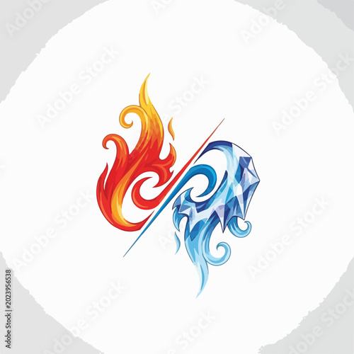 Fire and Ice Split Emblem with Flame and Crystal Elements