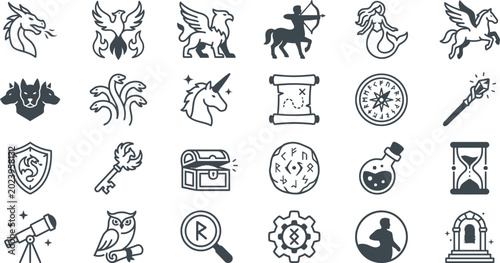 Obraz na plátne fantasy icons set magical creatures and objects dark blue glyphs