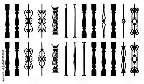 Quadro em tela Stair spindles and balusters collection vector illustration decorative railing s