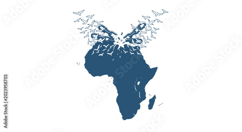 Foto Birds fly out of broken chains over Africa map symbolizing freedom