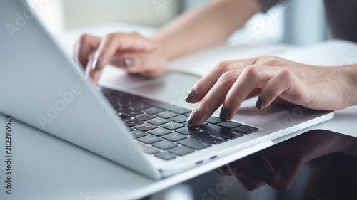 Canvas Print Close up, business woman hand typing on laptop  keyboard, online working, surfin