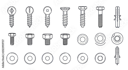 Photos Collection of Hand-Drawn Screws, Bolts, Washers, and Anchors