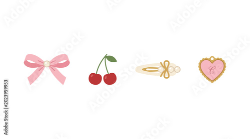 A collection of cute and charming accessories including a pink bow, red cherries, a golden hair clip, and a heart locket.