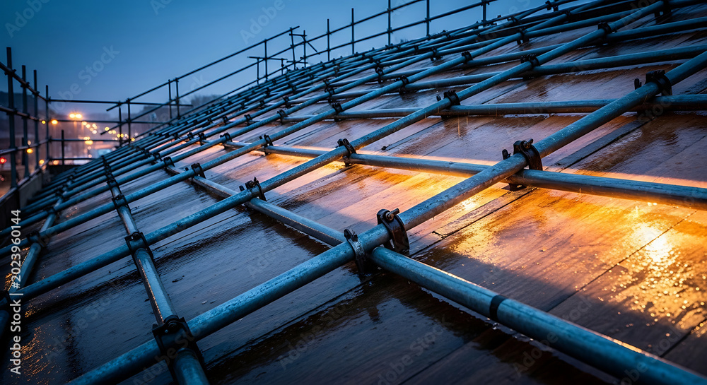 Naklejka premium Professional steel scaffolding roof installation on an urban construction site at dusk highlighting industrial safety measures to prevent a scaffolding accident