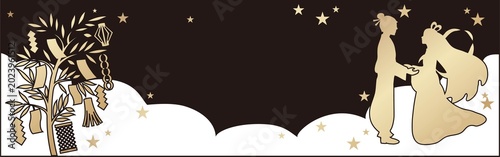 七夕　織姫　彦星　シルエット　笹　短冊　天の川　バナー　フレーム　コピースペース　背景　イラスト素材