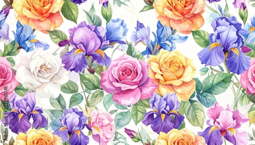 Vibrant Watercolor Floral Pattern - Roses, Irises, and Lush Greenery on White Background.