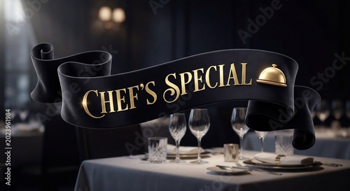 Premium Matte Black Ribbon Banner with Chef's Special Gold Text