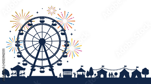 Tableau sur toile Silhouette of a Ferris wheel at a fairground with fireworks.
