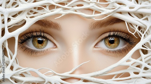 Intricate Macro Photo of a Woman's Face Framed by White Branches and Glitter Accents