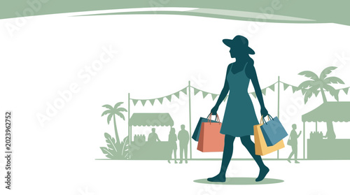 Silhouette of a stylish woman carrying shopping bags at an outdoor market.