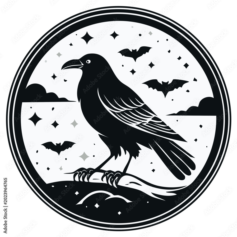 Fototapeta premium Mysterious Black Crow Silhouette Perched on Branch Under Starry Night Sky with Bats