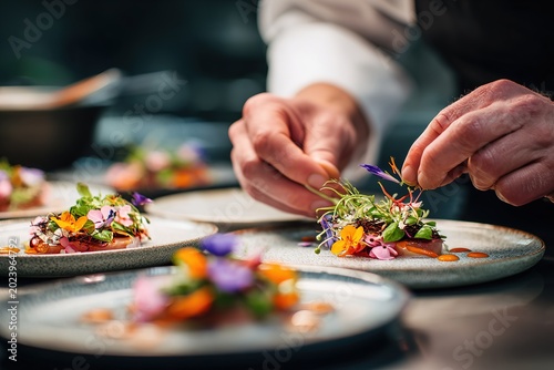 Professional chef using tweezers to garnish gourmet sea scallops