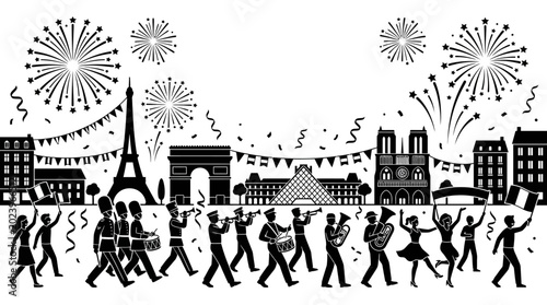 Billede på lærred Silhouette parade with marching band and dancers celebrating in Paris