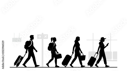 Silhouettes of people walking with luggage at the airport terminal.