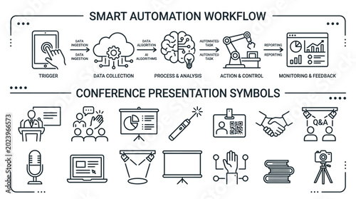 Smart automation workflow and business conference presentation icon set.