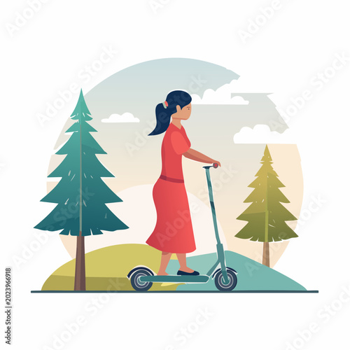 Woman riding an electric scooter in a park with trees