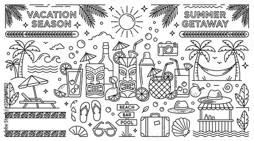 Fotografía Summer vacation getaway doodle elements set.