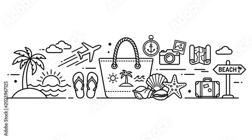 Summer vacation travel line art icons set.