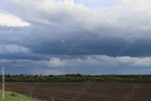 Cuadro en lienzo Dark storm clouds above agricultural field and forest landscape