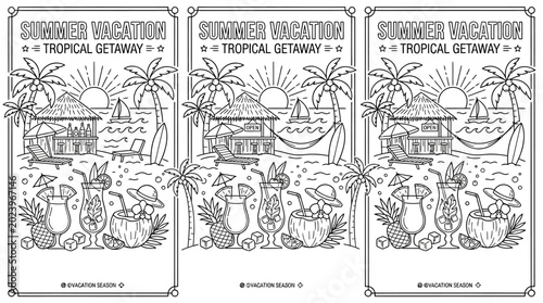 Billede på lærred Summer vacation tropical getaway black and white coloring page design
