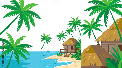 Schilderij op canvas Tropical beach scene with wooden bungalows and palm trees.