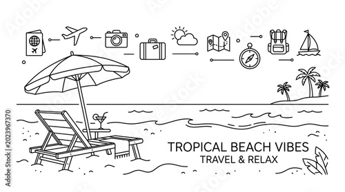 Canvas Print Tropical beach vacation sketch with travel icons and relaxing chair