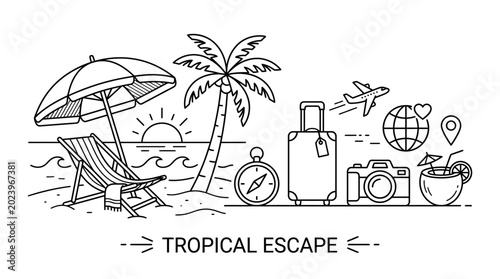 Tropical escape travel vacation concept illustration.