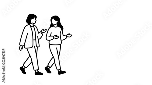 Two women walking and talking together in a minimalist line art style.