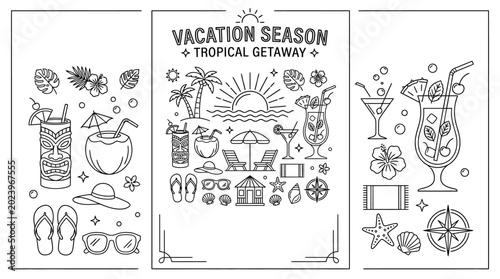 Bild auf Leinwand Vacation Season Tropical Getaway Doodle Collection.