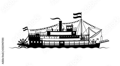 Φωτογραφία Vintage black and white illustration of a classic paddle wheel steamboat