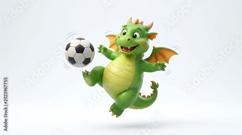 Cute Green Cartoon Dragon Playing Soccer on White Background