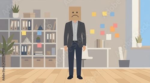 Frustrated Businessman Standing with Sad Paper Bag Mask in Modern Office Interior