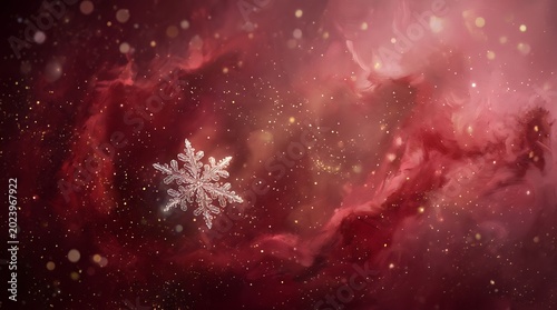 Glittering Snowflake Floating in Red Cosmic Nebula Background